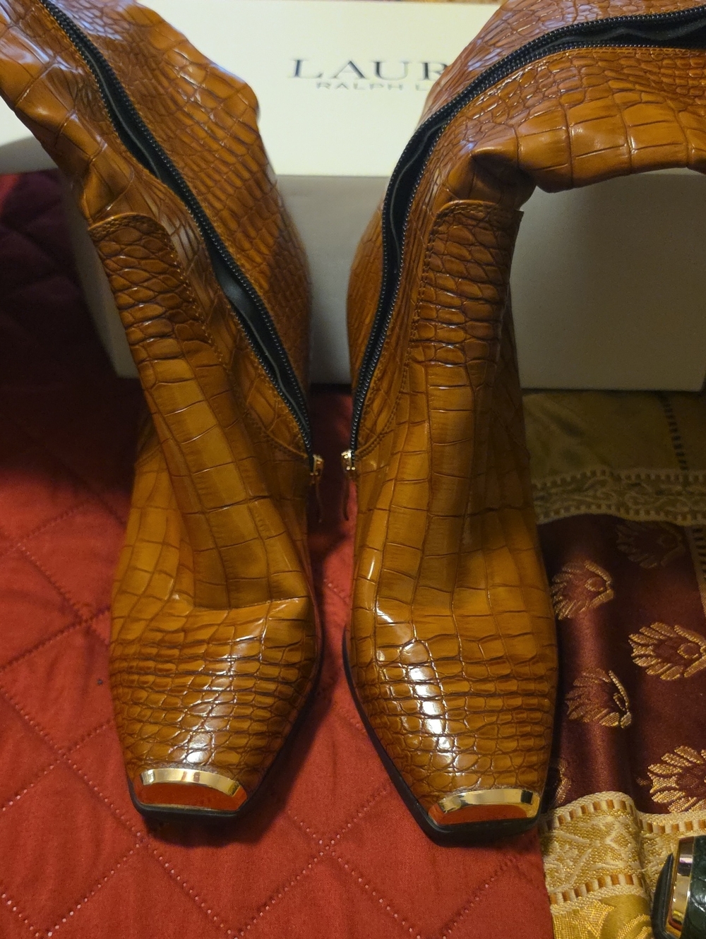 Croc-Embossed Mid-Calf Heeled Boots in Cognac